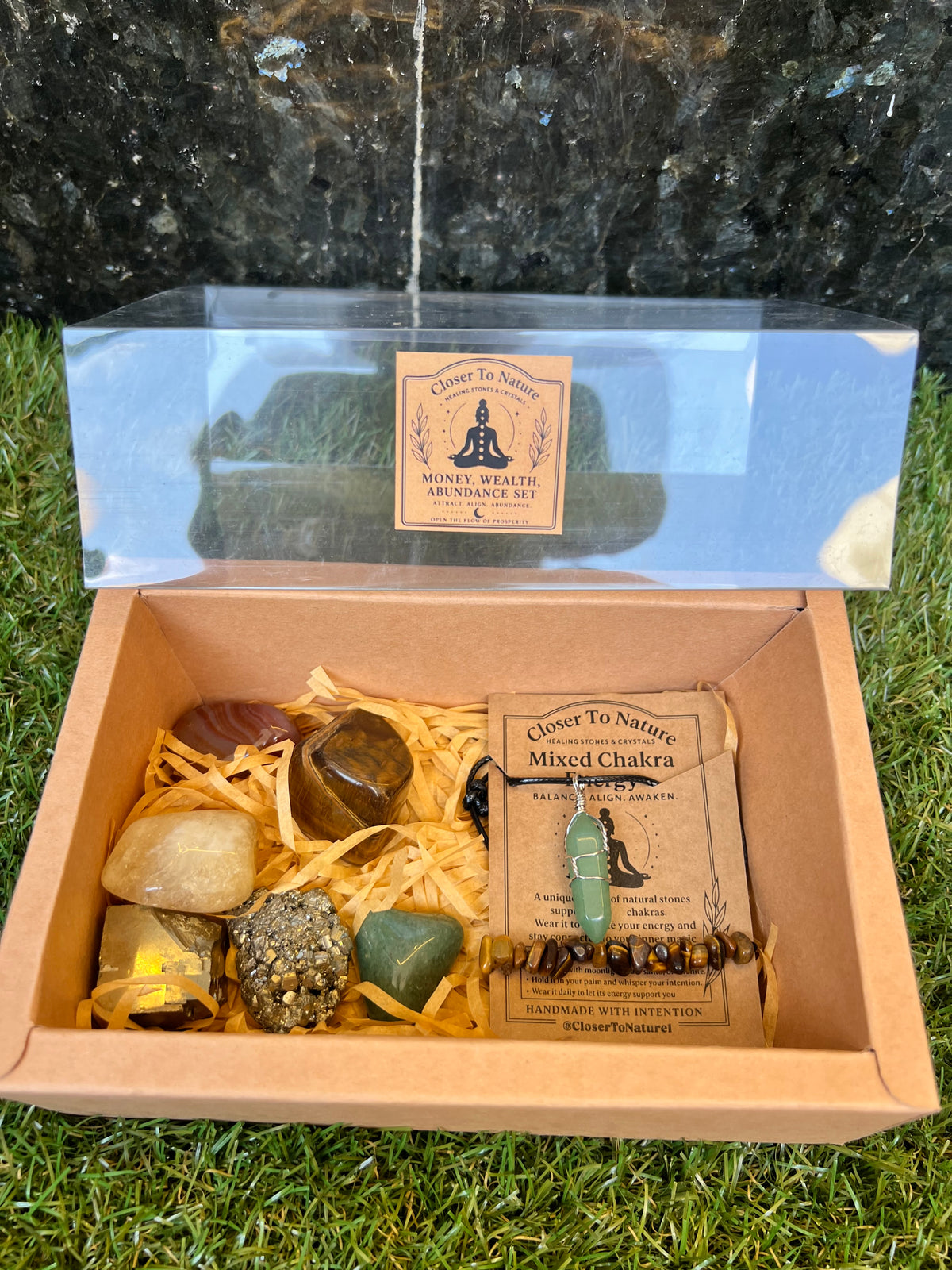 Money, Wealth & Abundance Intention Crystal Gift Set | Natural Crystal Healing Box with Bracelet & Necklace