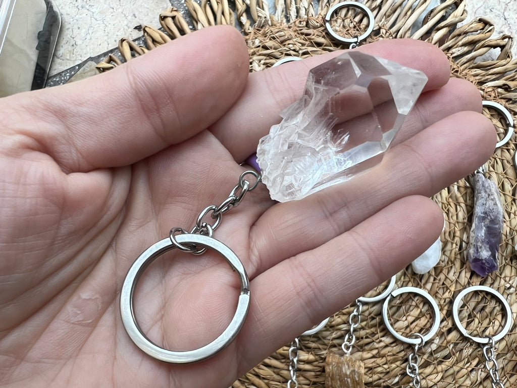 Natural Raw & Polished Crystal Gemstone Keychain – Protection, Abundance & Positive Energy