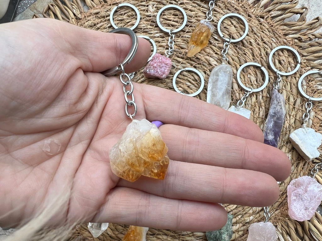 Natural Raw & Polished Crystal Gemstone Keychain – Protection, Abundance & Positive Energy