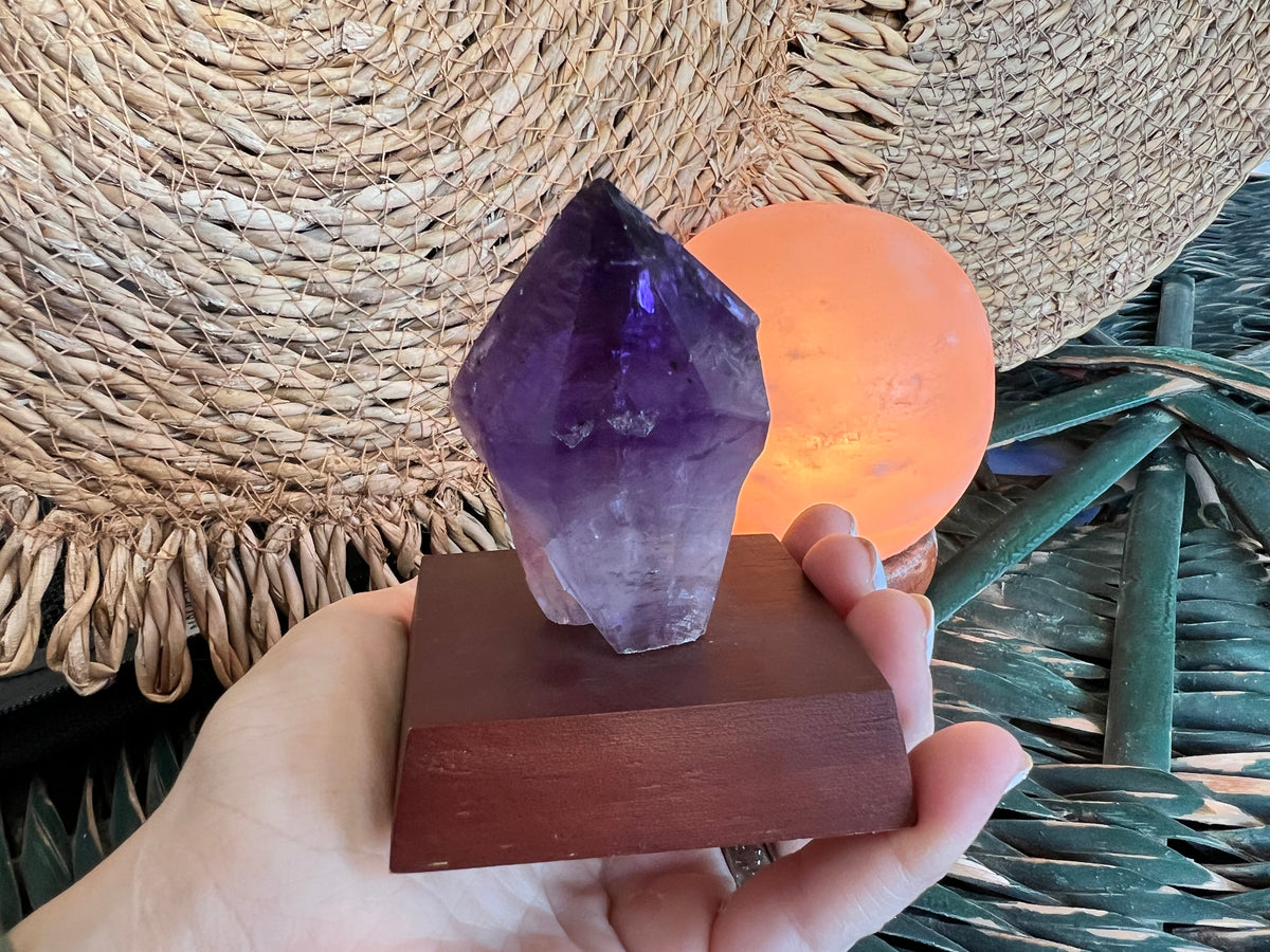 Natural Amethyst Point on Wooden Base
