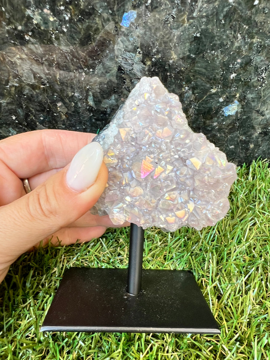 Natural Angel Aura Quartz on Metal Stand – 289 g