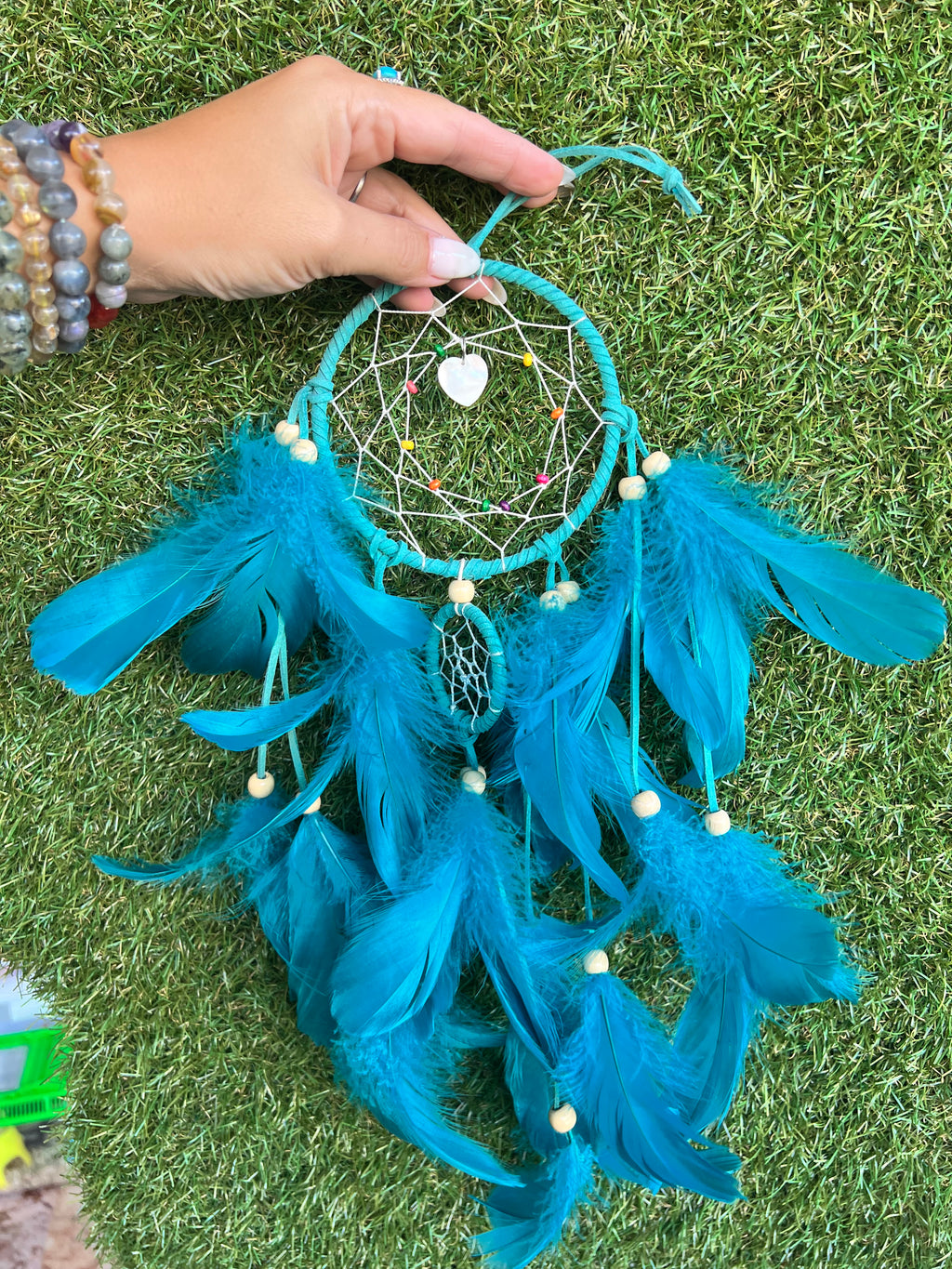 Turquoise Heart Dream Catcher – Love, Peace & Positive Dreams | Feather Wall Hanging