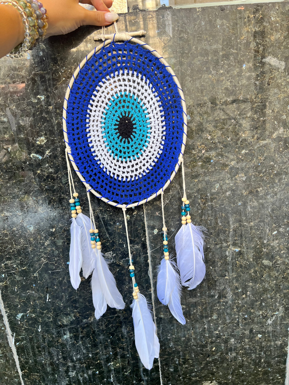 Evil Eye Dream Catcher – Protection, Peace & Positive Energy | Blue & White
