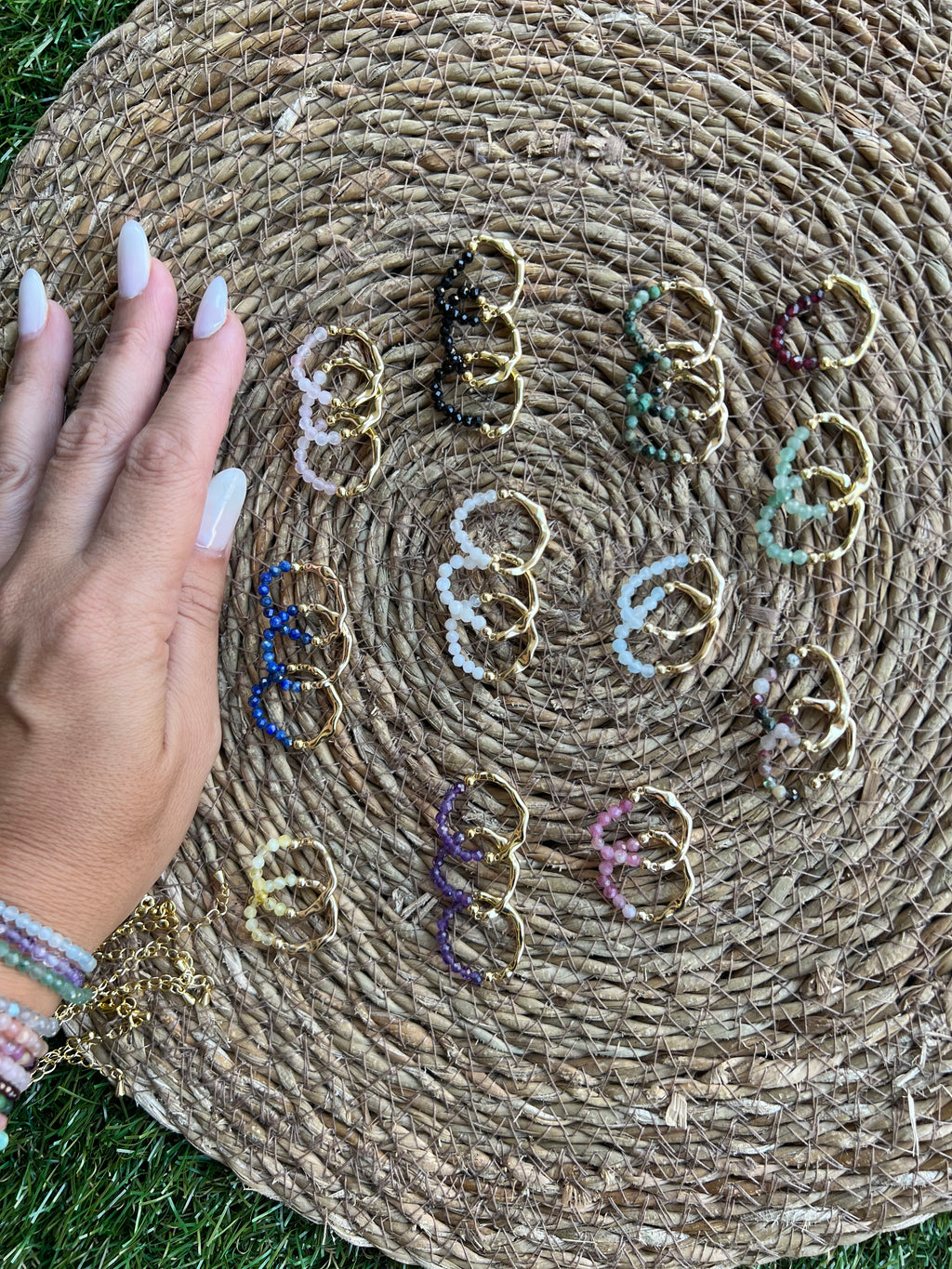 Natural Gemstone & Brass Elastic Ring – Faceted 3 mm Crystal Beads