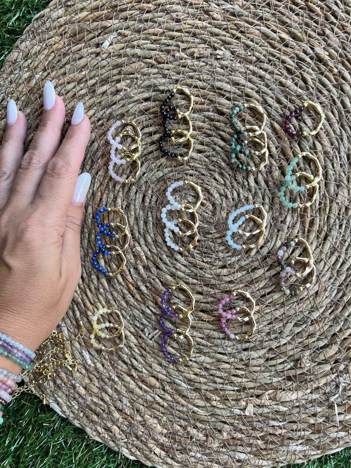 Natural Gemstone & Brass Elastic Ring – Faceted 3 mm Crystal Beads