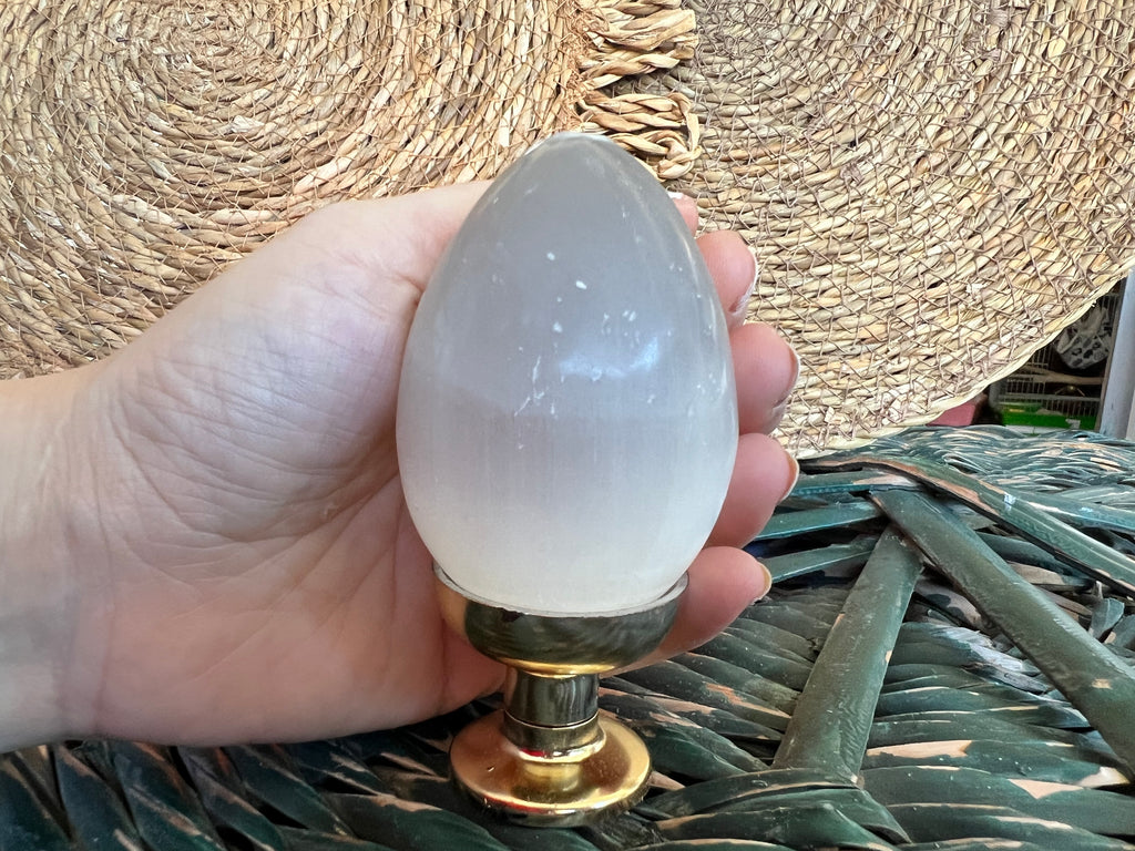 Natural Selenite Egg on Stand | Approx. 220 g | Cleansing, Clarity & Spiritual Protection