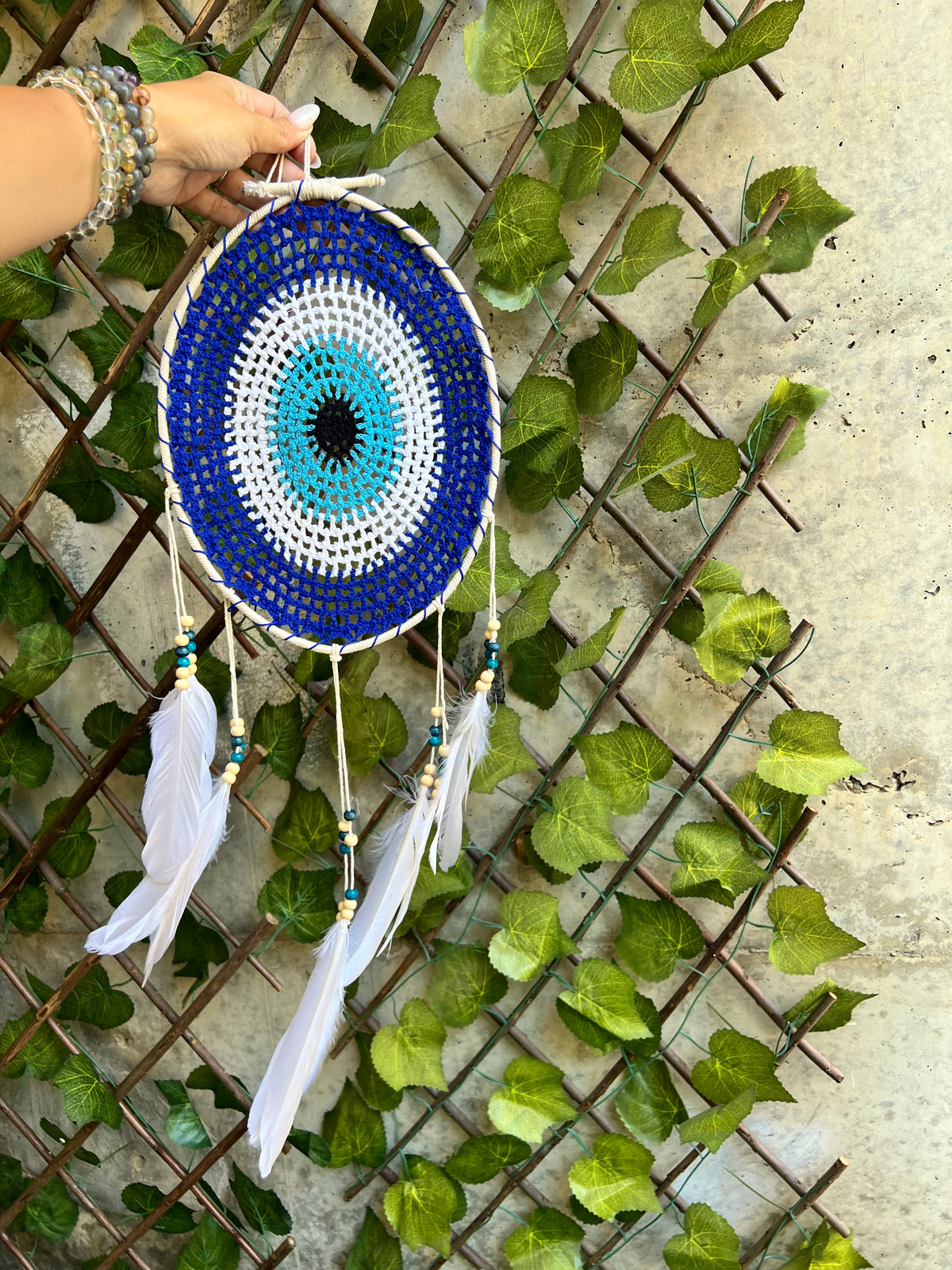 Evil Eye Dream Catcher – Protection, Peace & Positive Energy | Blue & White