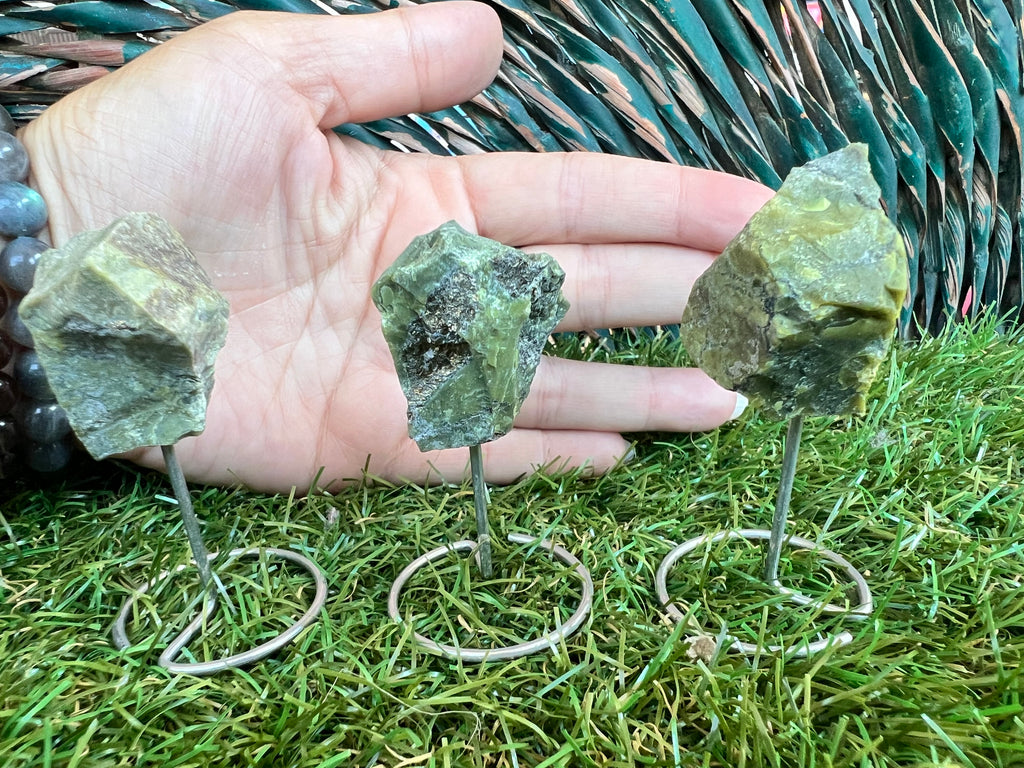 Natural Raw Jade on Metal Stand | Crystal Display | Approx. 8 cm | Prosperity & Harmony