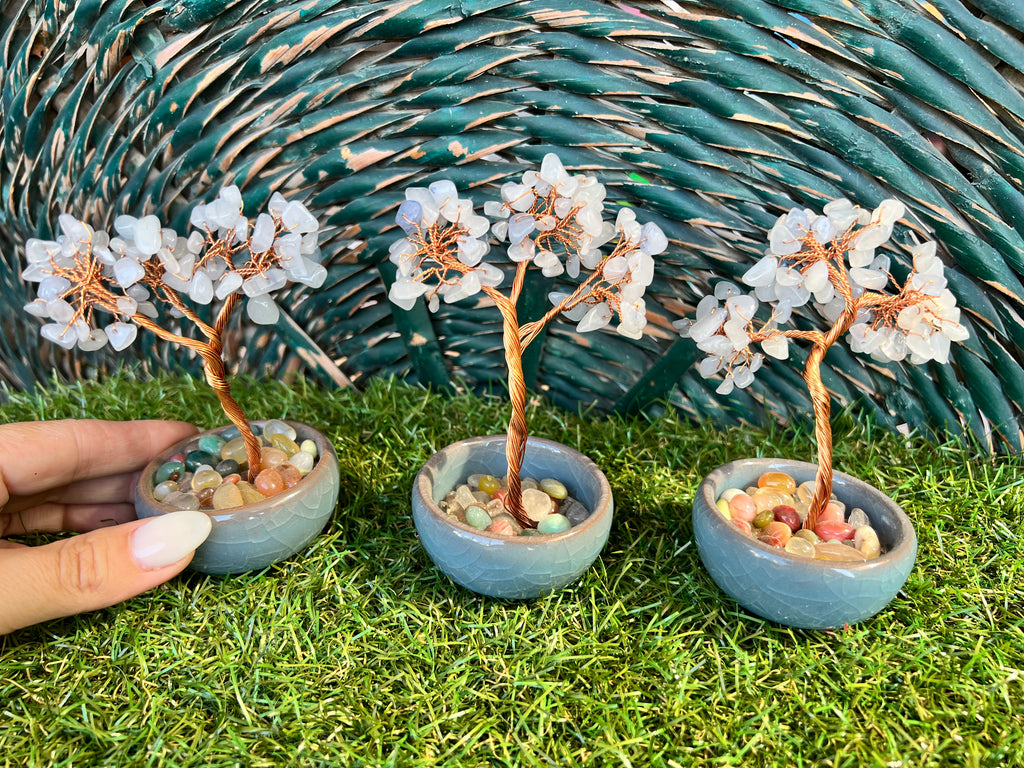 Natural Blue Agate Bonsai Tree with 7 Chakra Gemstone Base | Harmony, Communication & Balance