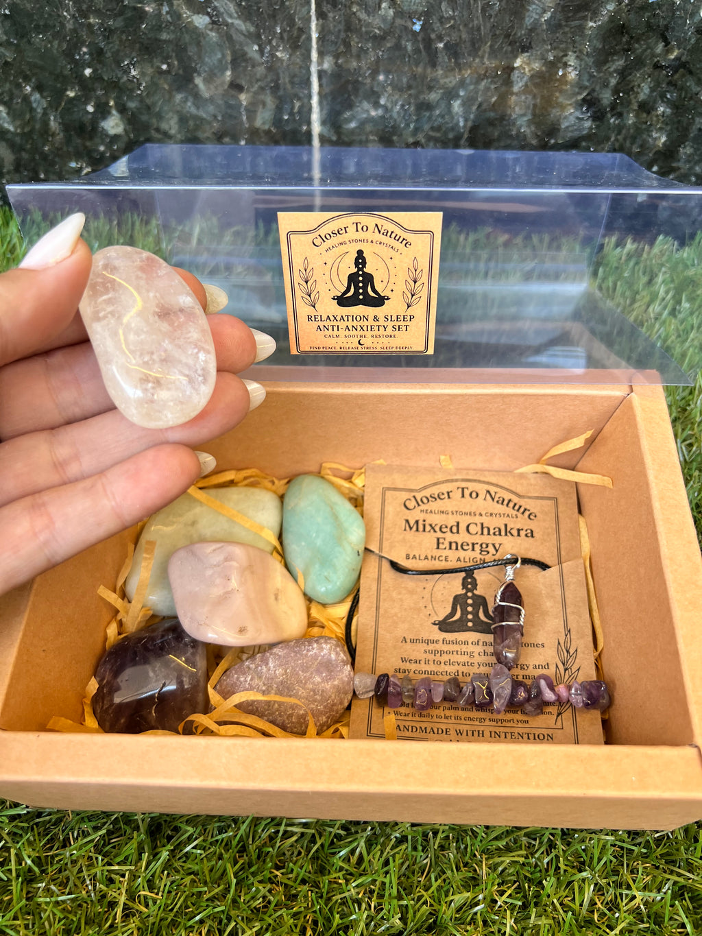 Relaxation & Sleep Anti-Anxiety Intention Crystal Gift Set | Natural Crystal Healing Box with Bracelet & Necklace
