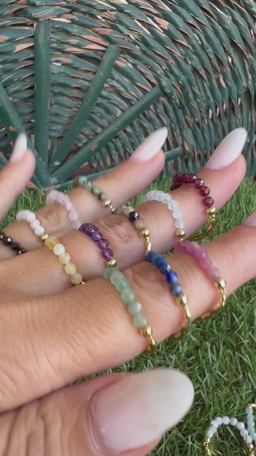 Natural Gemstone & Brass Elastic Ring – Faceted 3 mm Crystal Beads