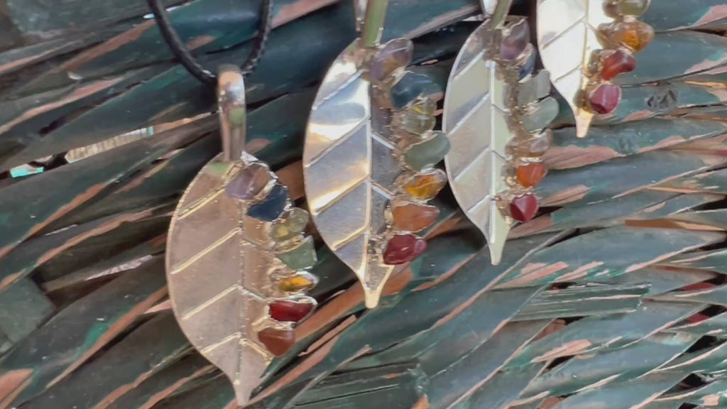 Seven Chakra Genuine Gemstone Leaf Necklace | Silver-Tone Tree Leaf Pendant | Chakra Balance & Energy