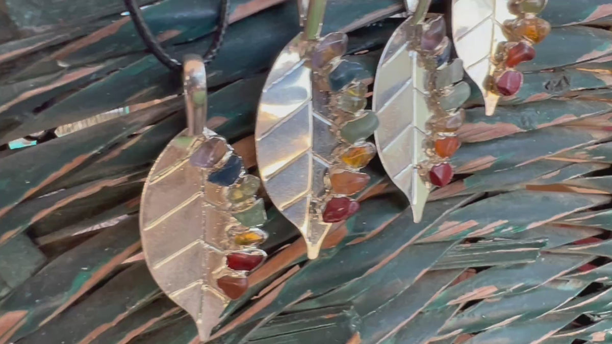 Seven Chakra Genuine Gemstone Leaf Necklace | Silver-Tone Tree Leaf Pendant | Chakra Balance & Energy
