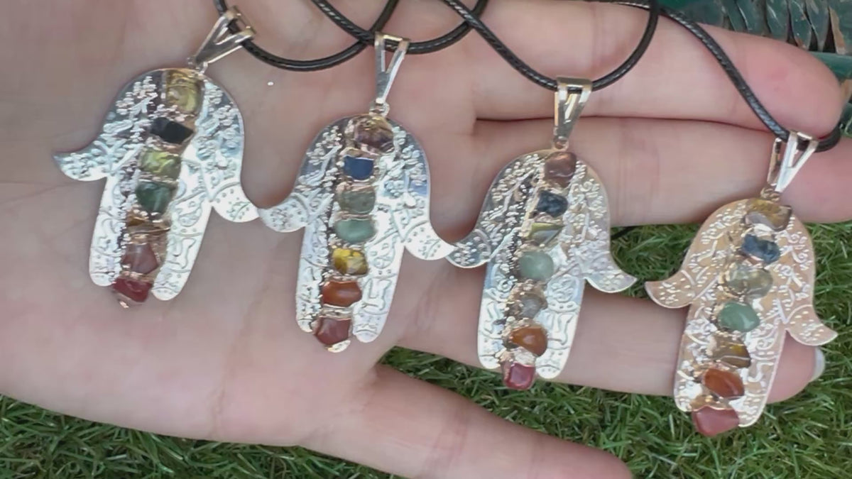 Seven Chakra Genuine Gemstone Hamsa Necklace | Silver-Tone Hand Pendant | Protection, Good Luck & Balance
