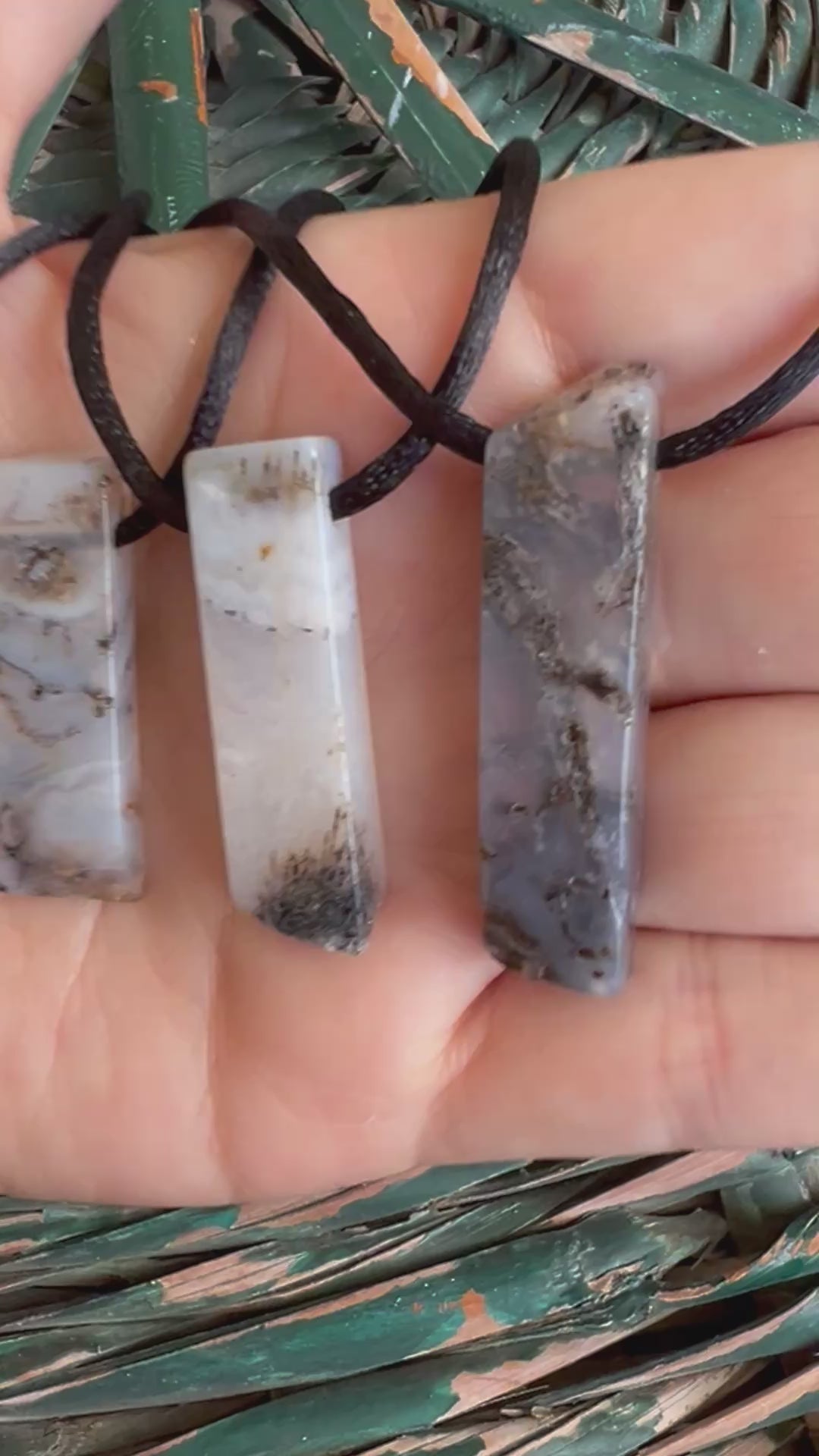 Natural Moss Agate Rectangle Bar Necklace – Adjustable Cord